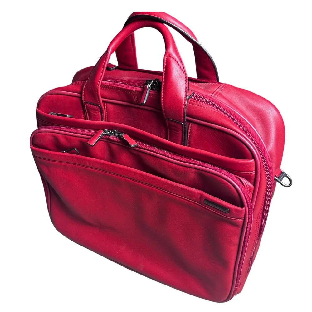 Dilana Red Leather Rolling Briefcase Laptop Bag Telescoping Handle Carry On